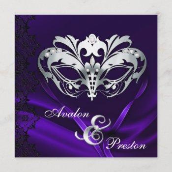 silver masquerade purple jeweled wedding invitation