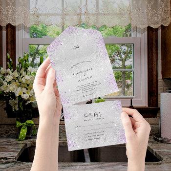 silver metal glitter purple elegant wedding all in one invitation