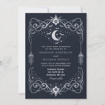 silver moon gothic bats lantern wedding  invitation