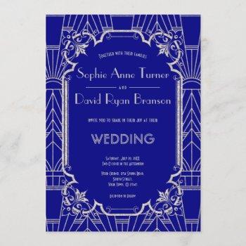 silver navy blue great gatsby art deco 20s wedding invitation