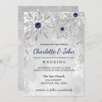 silver navy snowflakes winter wedding invitation