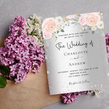 silver pink florals budget wedding invitation
