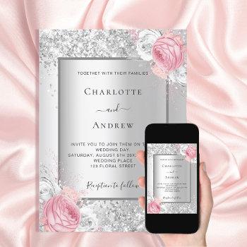 silver pink white floral elegant wedding invitation