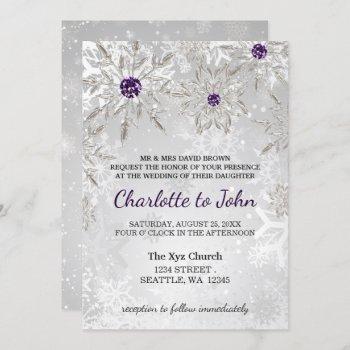 silver purple snowflakes winter wedding invitation