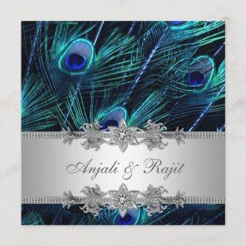 silver royal blue peacock wedding invitation