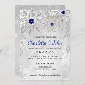 silver royal blue snowflakes winter wedding invitation
