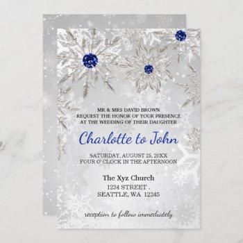 silver royal blue snowflakes winter wedding  invitation