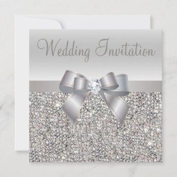 Small Silver Sequins, Bow & Diamond Wedding Invites Front View