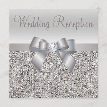 silver sequins, bow & diamond wedding reception invitation