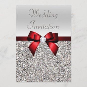 silver sequins royal red bow and diamond wedding invitation