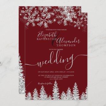 silver snow pine christmas winter redwedding invitation