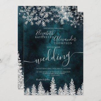 silver snow pine green christmas winter wedding invitation