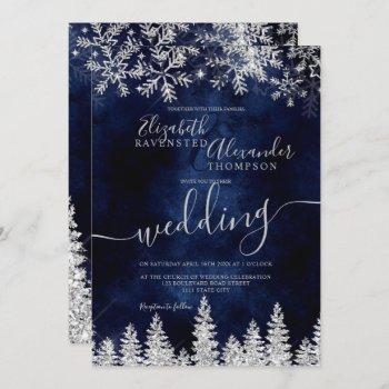 silver snow pine navy christmas winter wedding invitation