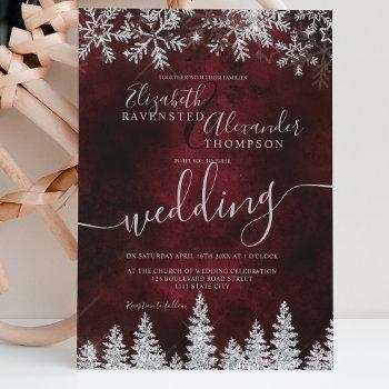 silver snow pine red christmas winter wedding invitation
