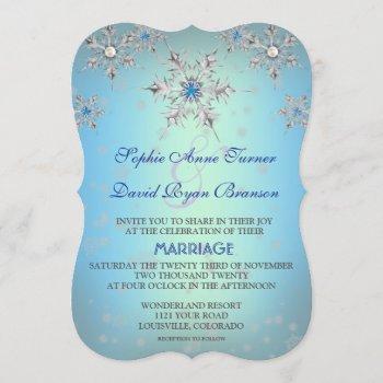 silver snowflakes crystal blue pearl wedding invitation