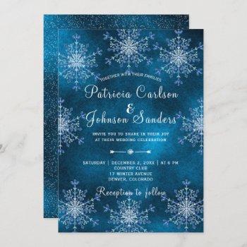 silver snowflakes rustic navy blue winter wedding invitation