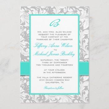 silver white damask turquoise wedding invitation