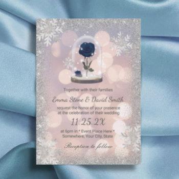 silver winter wedding blue rose flower dome  invitation