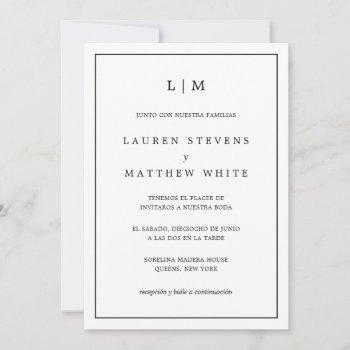 simple black and white monogram spanish wedding invitation