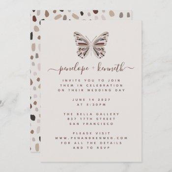 simple boho butterfly burgundy and taupe wedding invitation