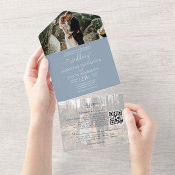 simple dusty blue 2 photo qr code rsvp wedding all in one invitation