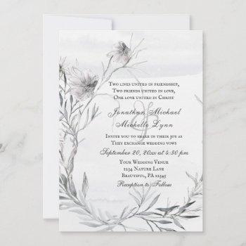 simple dusty gray pencil flowers christian wedding invitation