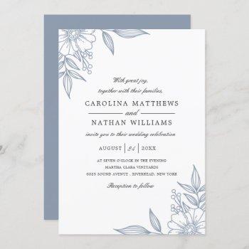 simple elegant floral corners wedding blue invitation