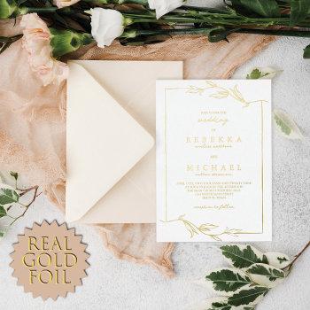 simple elegant leaves white wedding real  foil invitation