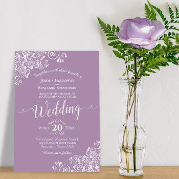 simple elegant white lace on dusty purple wedding invitation
