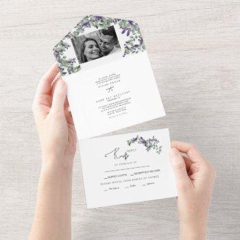 simple eucalyptus & lavender two photo wedding  al all in one invitation