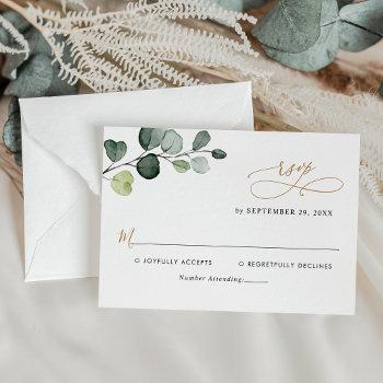 simple eucalyptus leaves greenery gold wedding rsvp card