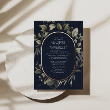 simple greenery eucalyptus navy wedding rose foil invitation