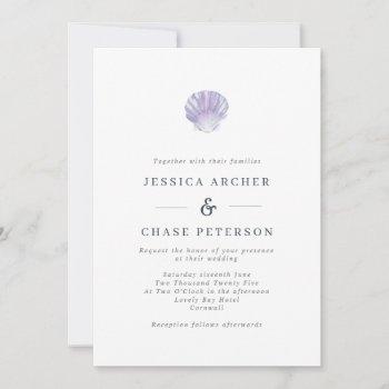 simple lilac seashell beach wedding invitation
