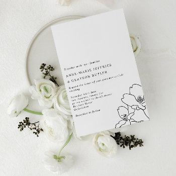 simple line drawn black and white flowers wedding invitation