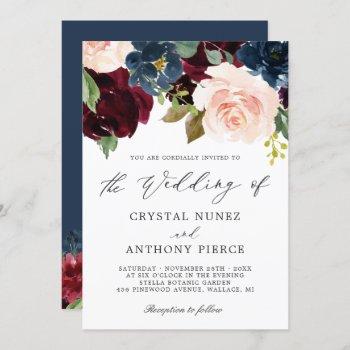 simple luxurious burgundy navy floral wedding invitation