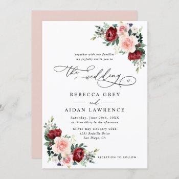 simple minimalistic burgundy blush floral wedding invitation