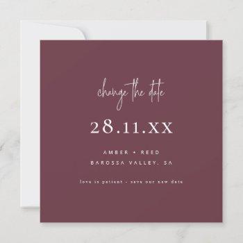 simple modern font square burgundy change the date invitation