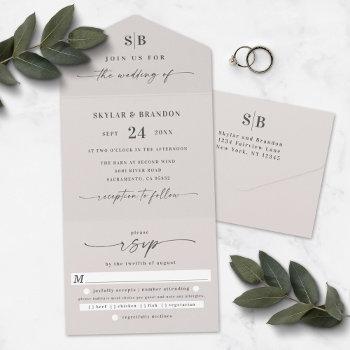 simple monogram & script ivory off-white wedding  all in one invitation
