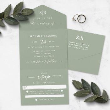 simple monogram & script leaf green wedding all in all in one invitation