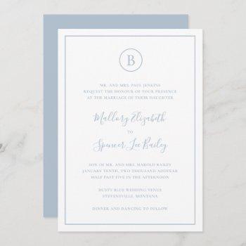simple monogram traditional dusty blue wedding invitation