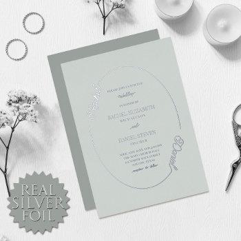 simple moss green name oval border wedding real foil invitation