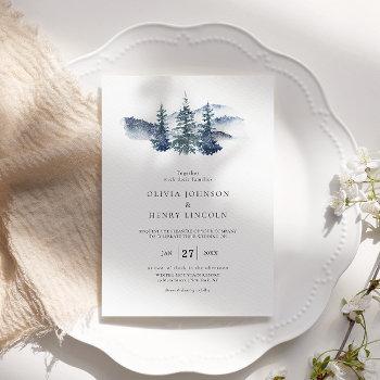simple mountain pine tree winter wedding invitation