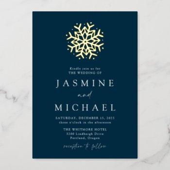 simple navy and gold snowflake wedding foil invitation