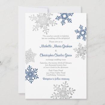 simple navy blue silver winter snowflake wedding invitation