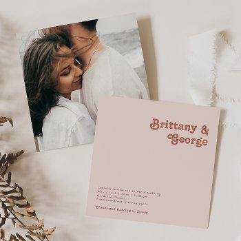 simple retro vibes blush pink square photo wedding invitation