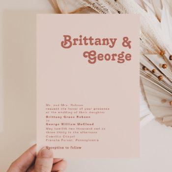 simple retro vibes blush pink traditional wedding invitation