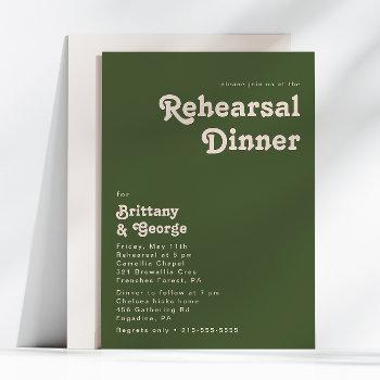 simple retro vibes | olive green rehearsal dinner invitation