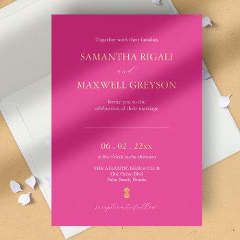 simple vibrant fuchsia pink beach wedding foil invitation