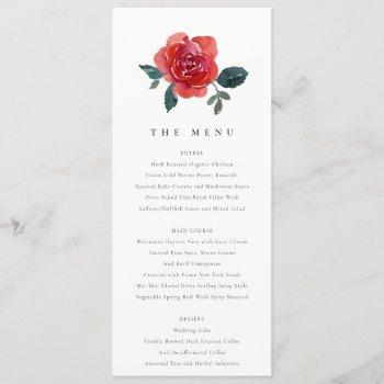 Small Simple Watercolor Red Green Rose Floral Wedding Menu Front View
