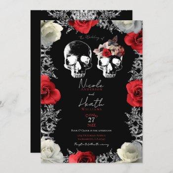 skeleton skull red white roses gothic wedding invitation